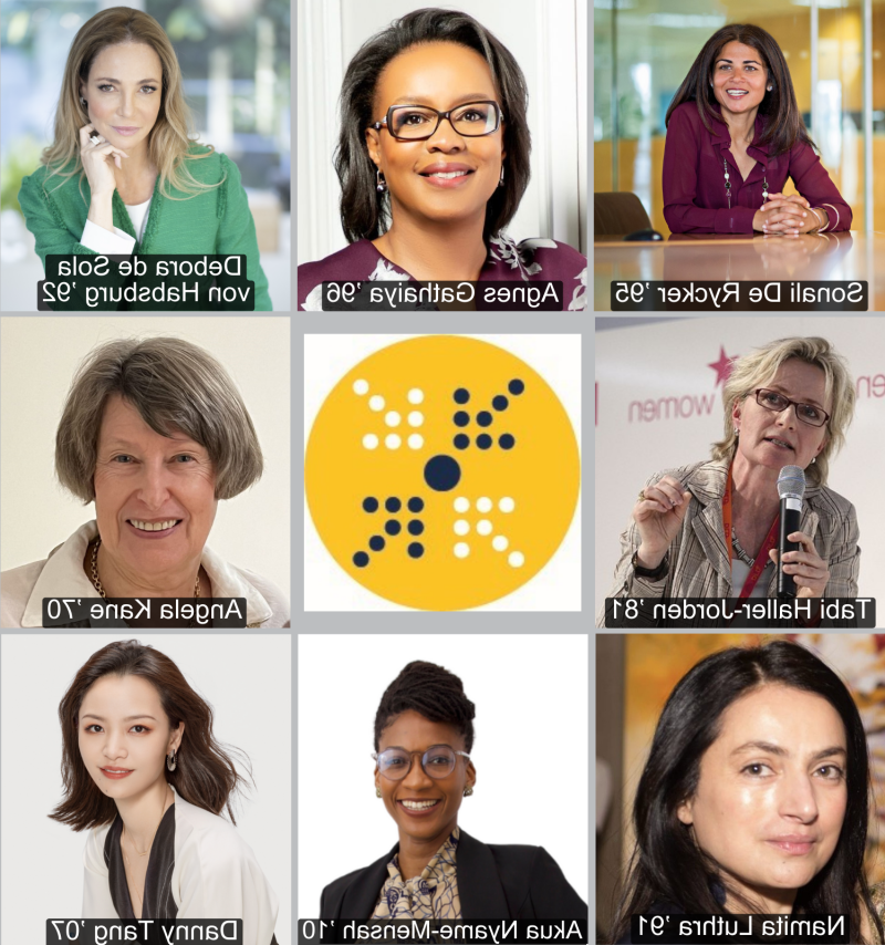 A collage of 8 alum headshots, with the International Forum logo in the middle